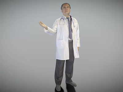 Male Doctor in White Coat with Stethoscope Standing Extending Hand Against Gray Background 3d model