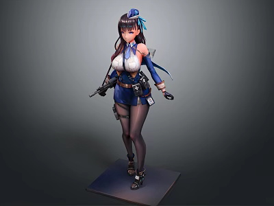 Detailed 3D Female Warrior Character In Blue White Outfit With Weapon And Black Stockings 3d model