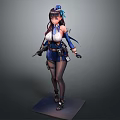 Detailed 3D Female Warrior Character In Blue White Outfit With Weapon And Black Stockings