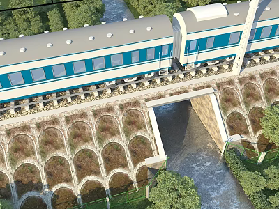 Railway Viaduct With Arched Structure Supporting Train Over River And Greenery 3d model