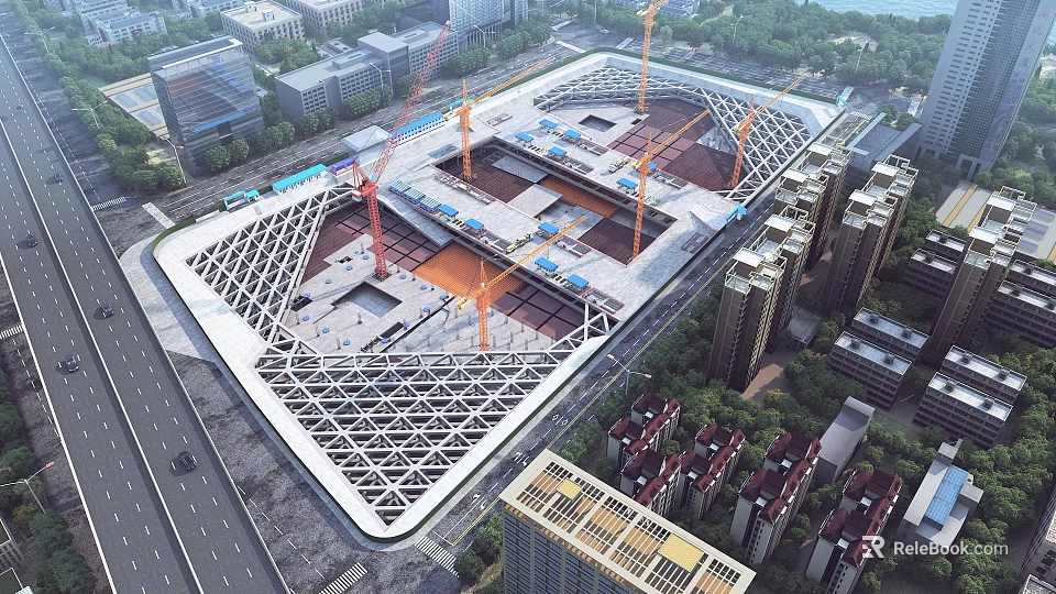 Large Urban Construction Site With Cranes Building Modern Structure Surrounded By High Rise Buildings 3d model