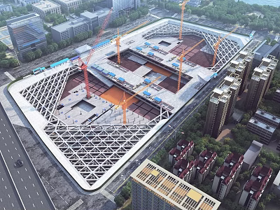 Large Urban Construction Site With Cranes Building Modern Structure Surrounded By High Rise Buildings 3d model