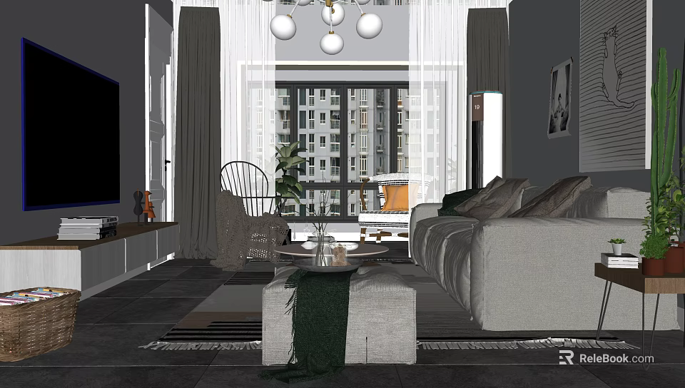 Modern Sofa And Coffee Table Set With Floor to Ceiling Windows Curtains And Green Plant 3d model 