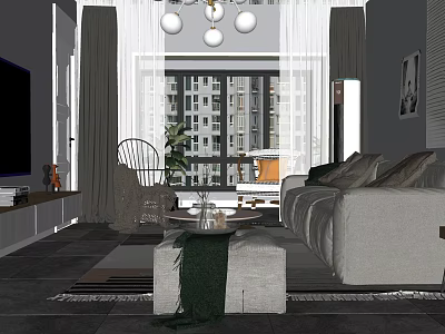 Modern Sofa And Coffee Table Set With Floor to Ceiling Windows Curtains And Green Plant 3d model