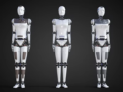 Three Intelligent Robots With White Exterior Mechanical Joints Standing In Gray Background 3d model