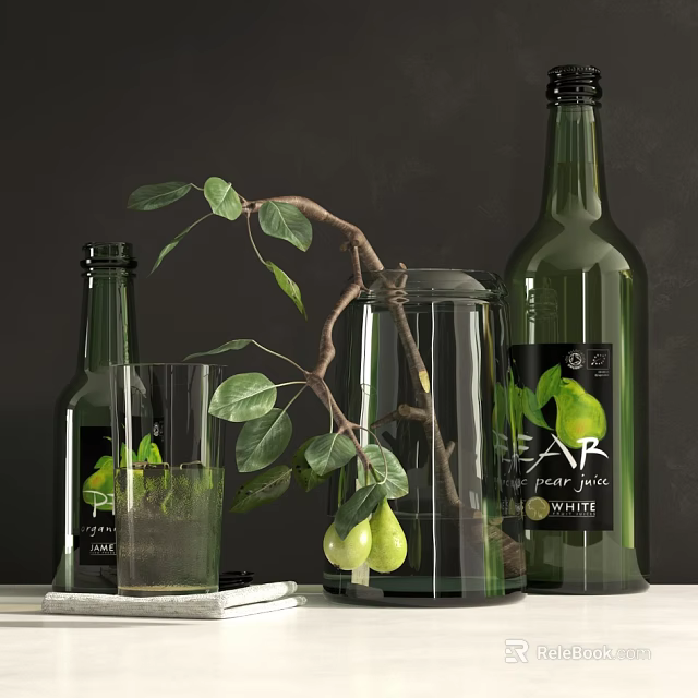 Decorative Ornament Set With Green Bottles Glass Cup Branch Leaves And Pears 3d model 