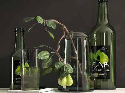 Decorative Ornament Set With Green Bottles Glass Cup Branch Leaves And Pears 3d model