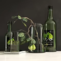 Decorative Ornament Set With Green Bottles Glass Cup Branch Leaves And Pears