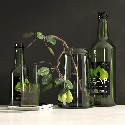 Decorative Ornament Set With Green Bottles Glass Cup Branch Leaves And Pears 3d model
