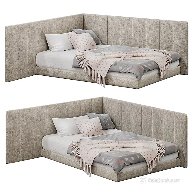 Modern Simple Kids Bed With Upholstered Headboard Soft Blanket And Decorative Pillows 3d model 
