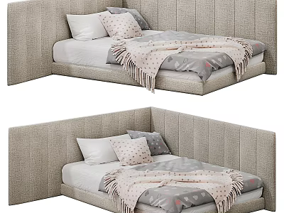 Modern Simple Kids Bed With Upholstered Headboard Soft Blanket And Decorative Pillows 3d model