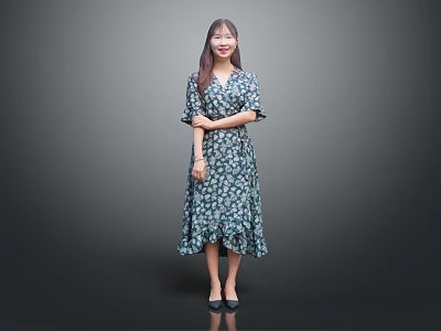Woman in Blue Green Floral Dress with Ruffled Hem Standing Against Gray Background 3d model