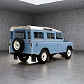 Classic Blue Off Road Vehicle With Vintage Design Roof Windows And White Wall Wheels