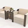 Beige Single Sofas with Dark Wooden Frame and Side Table Green Plant White Cups 3d model