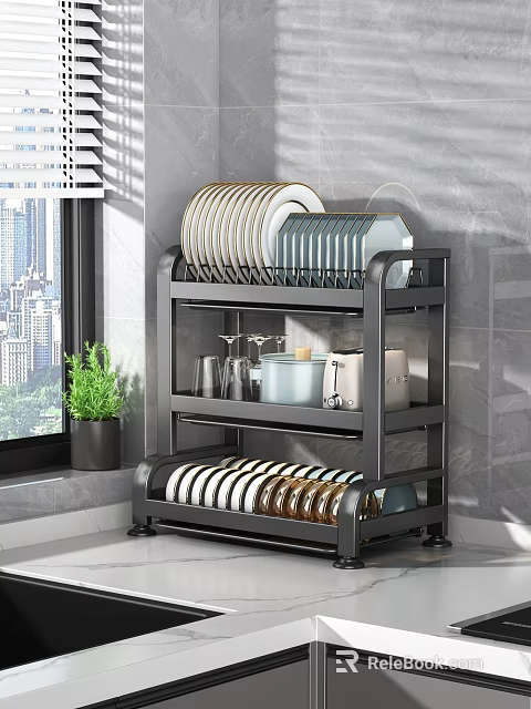 Multi Tiered Black Metal Kitchenware Shelf With Plates Bowls Mugs And Jars 3d model 