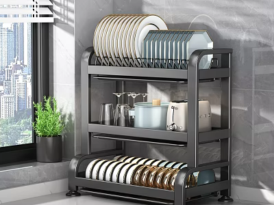 Multi Tiered Black Metal Kitchenware Shelf With Plates Bowls Mugs And Jars 3d model