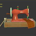 Vintage Red Sewing Machine On Wooden Base With Orange Fabric