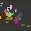 Colorful 3D Tree Models With Green Blue Red Pink And Small Plants On Gray Background