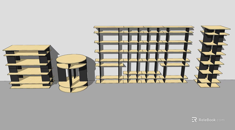 Light Wood Shelving Units With Multiple Tiers And Various Designs Including Circular And Rectangular Racks 3d model