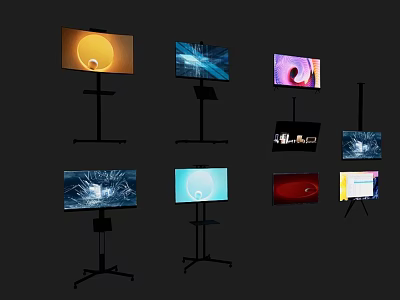 Multiple Modern Televisions on Different Stands Displaying Various Screen 3d model