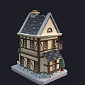 Cute Cartoon Bakery Shop Scene With Gray Roof Chimney Windows Steps Small Tree And Awning