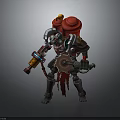 Biomechanical Character With Red Top Structures Holding Gear Weapon And Decorative Armor