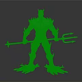 Blue Muscular Humanoid Figure Holding Trident With Root Like Feet