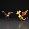 Two Colorful Cartoon Dragons As Flying Animals With Blue Red Yellow Orange Wings And Horns