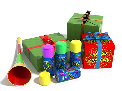 Colorful Party Supplies Including Gift Boxes Horn And Decorative Cans With Spiral Patterns 3d model