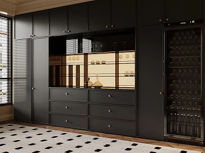 Modern Black Wine Cabinet With Glass Door Display Drawers And Wine Racks 3d model