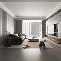 Modern Living Room Interior Design With Dark Sofa Coffee Table Fireplace And TV Wall Unit