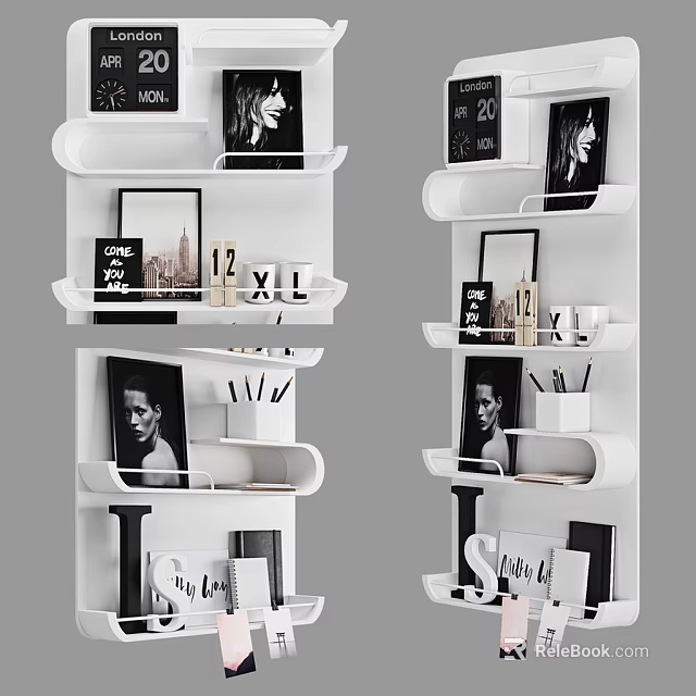Stylish White Wall Mounted Shelving Unit With Decorative Frames Mugs And Books 3d model 