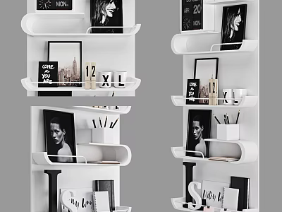 Stylish White Wall Mounted Shelving Unit With Decorative Frames Mugs And Books 3d model