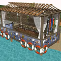 Wooden Pergola Near Sea With Outdoor Seating Colorful Flags Bamboo Hat And Banana Plant