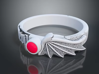 White Fashion Bracelet With Silver Dragon Wing Design And Red Circular Gem 3d model
