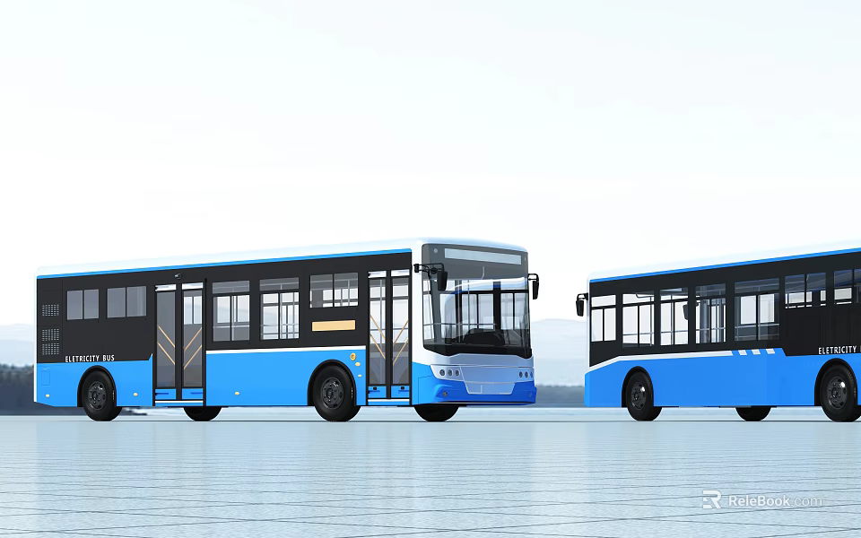 Modern Blue City Buses With Large Windows And Sleek Exterior Design 3d model 