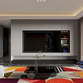 Modern Living And Dining Room Interior With Sofa Colorful Cushions Geometric Rug And TV Wall