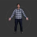 Man In Plaid Shirt And Dark Pants With Outstretched Hands Against Gray Background