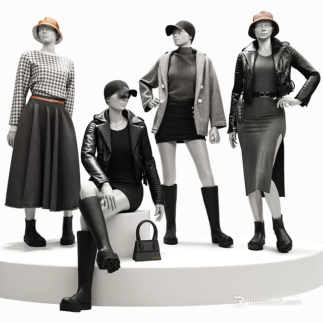 Fashion Models Posing in Stylish Leather Jackets Coats Dresses Boots and Handbag 3d model 