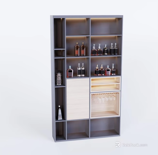 Modern Wine Cabinet Interior With Shelves Holding Wine Bottles Drawer And Glass Holder 3d model 