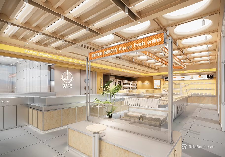 Modern Dessert Shop With Wooden Ceiling Orange Signboard White Seats Green Plants And Display Cabinets 3d model 