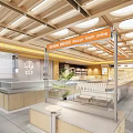Modern Dessert Shop With Wooden Ceiling Orange Signboard White Seats Green Plants And Display Cabinets