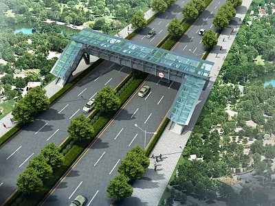 Glass Roof Pedestrian Bridge Spanning Highway With Green Trees And Vehicles 3d model