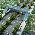 Glass Roof Pedestrian Bridge Spanning Highway With Green Trees And Vehicles