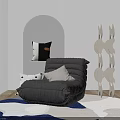 Cozy Black Bean Bag Chair In Modern Living Space With Soft Pillows And Decorative Wooden Rack