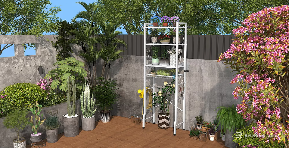 White Multi Tiered Plant Stand With Potted Flowers And Greenery In Outdoor Garden 3d model 
