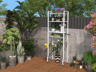 White Multi Tiered Plant Stand With Potted Flowers And Greenery In Outdoor Garden 3d model