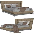Modern Wingback Double Bed Upholstered In Beige With Gray Sheets And Brown Blanket