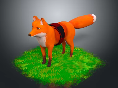 Orange Fox Wearing Black Harness Standing On Lush Green Grass 3d model