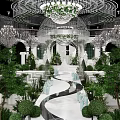 Luxurious Event Stage With White Arch Structures Greenery Chandeliers And Pathway